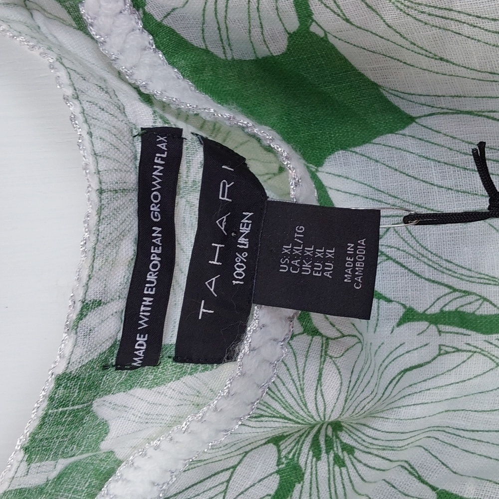 Tahari |Green White Floral Linen Boxy Cropped Top Resort Wear Mod Sz.XL - Picture 5 of 5
